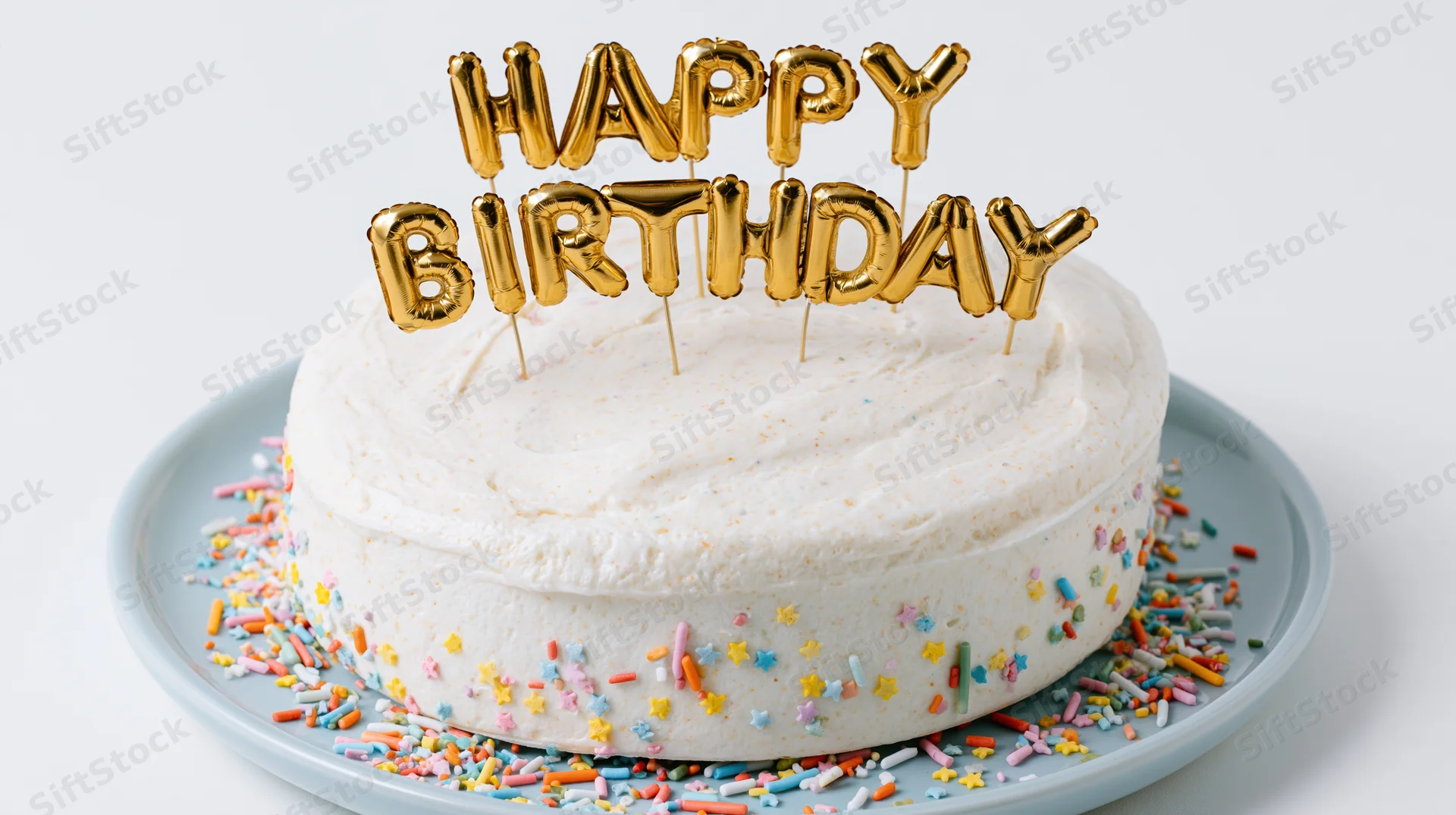 White frosted birthday cake with golden balloon letter topper and colorful sprinkles on a plate