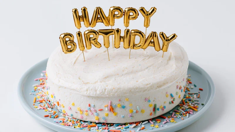 White frosted birthday cake with golden balloon letter topper and colorful sprinkles on a plate