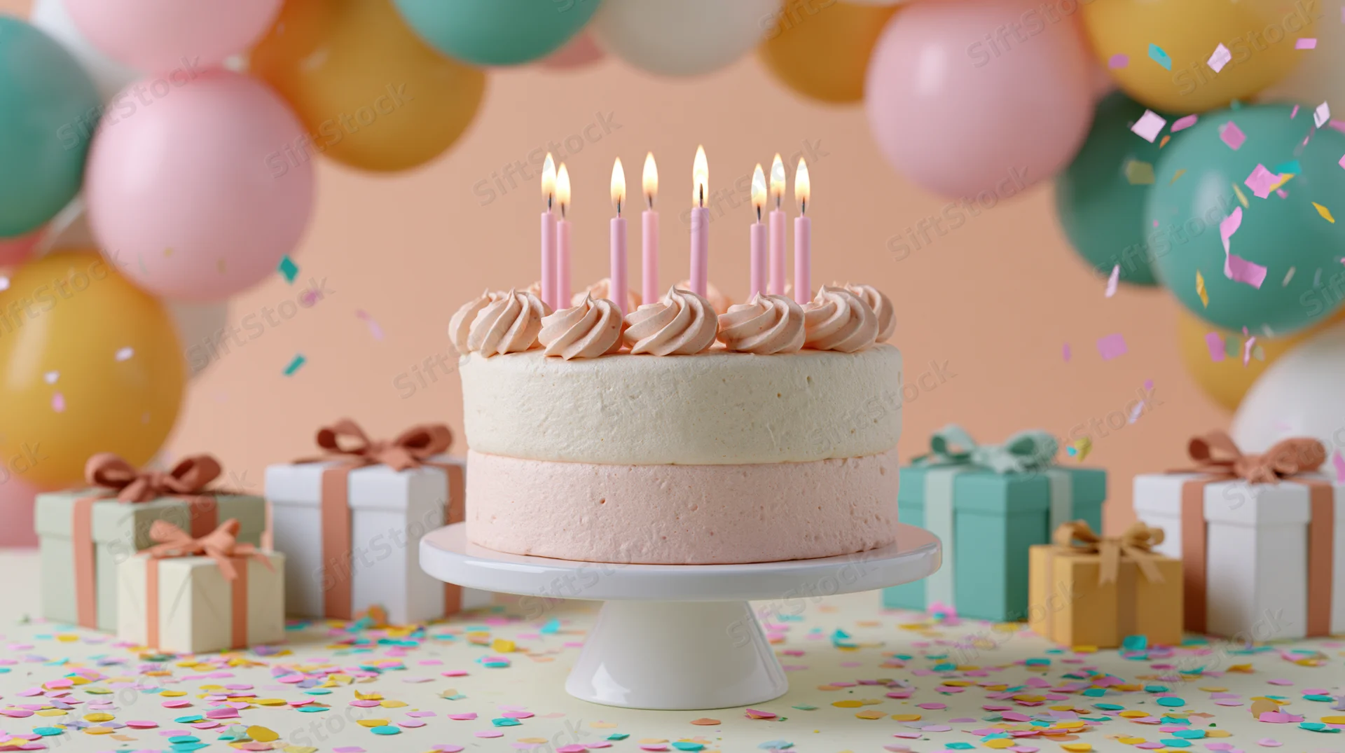Birthday cake with lit candles on a stand surrounded by balloons and gifts