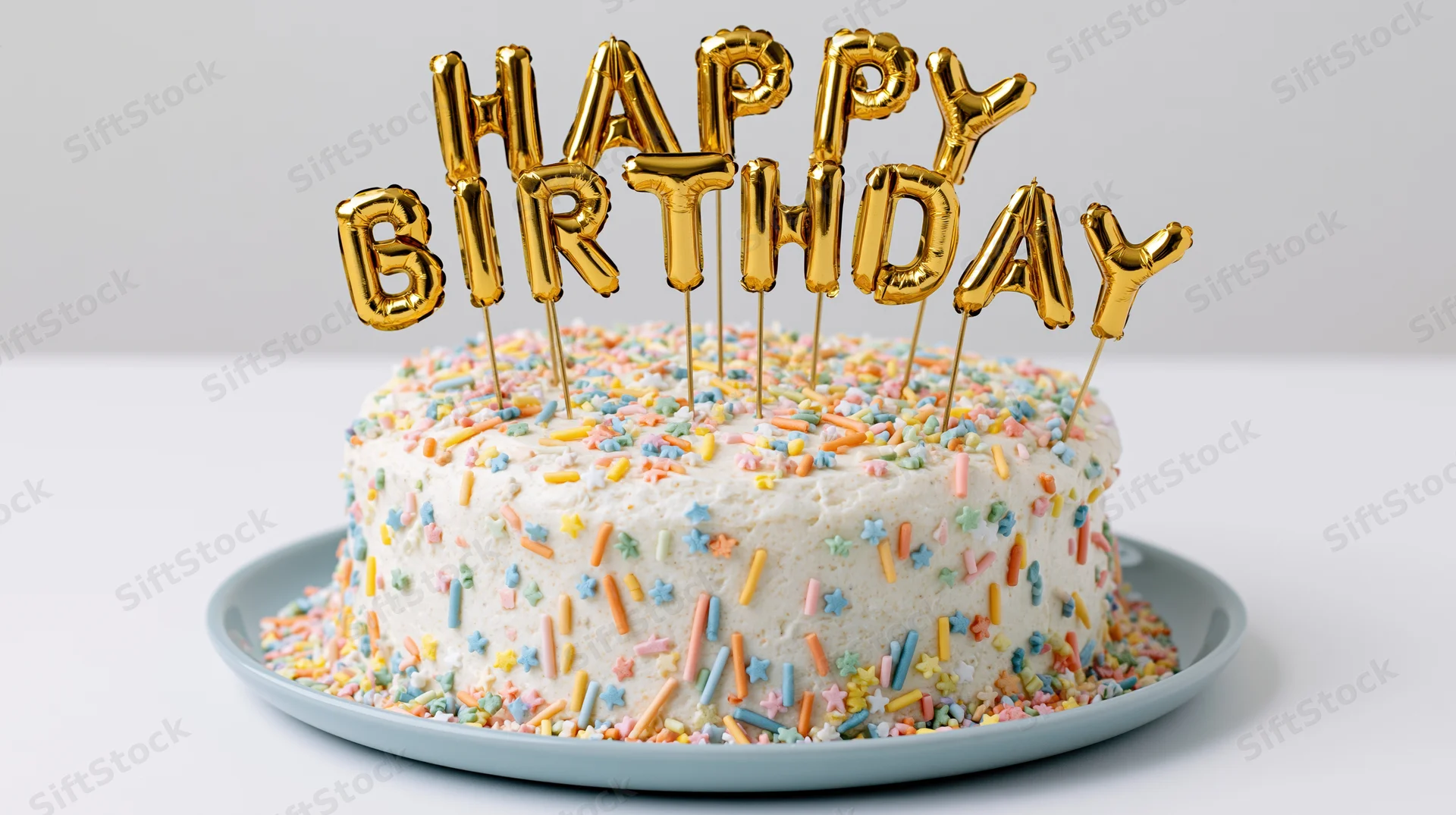 Birthday cake with gold balloon letter topper and colorful sprinkles on a blue plate
