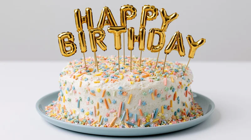 Birthday cake with gold balloon letter topper and colorful sprinkles on a blue plate