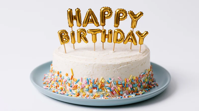 Birthday cake with golden letter toppers and colorful sprinkles on a blue plate