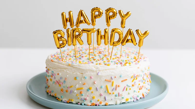 White frosted birthday cake with gold letter topper and colorful sprinkles on a plate