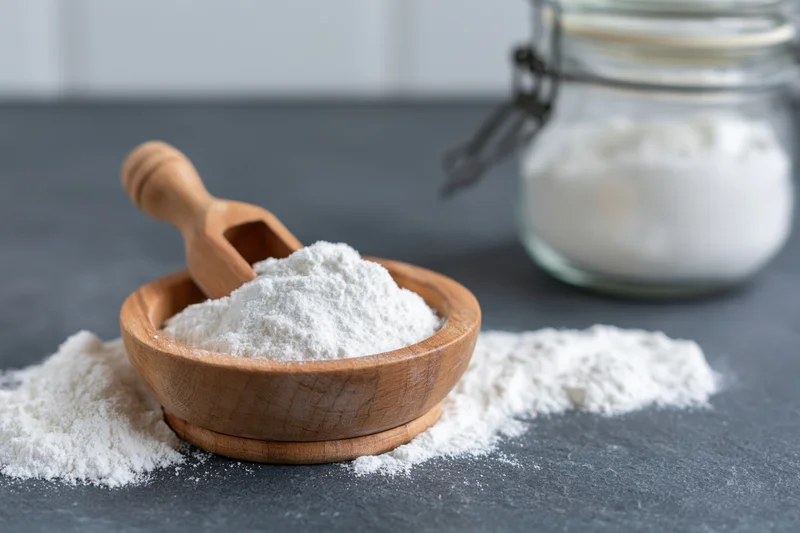 White flour in a wooden bowl with a scoop on a gray countertop, jar in background