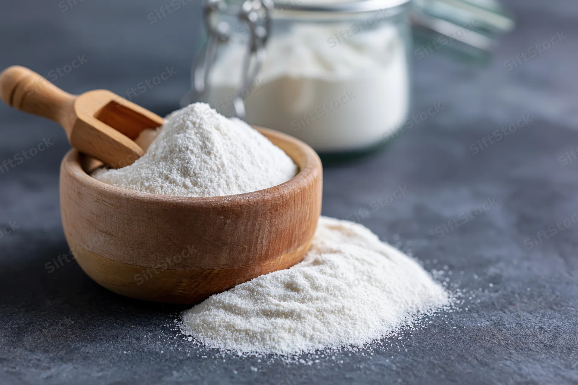 White flour in a wooden bowl with a scoop beside a glass jar on a dark countertop