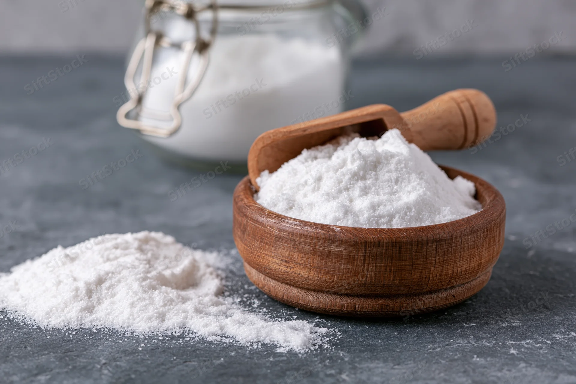 White flour in a wooden bowl with a scoop on a gray countertop
