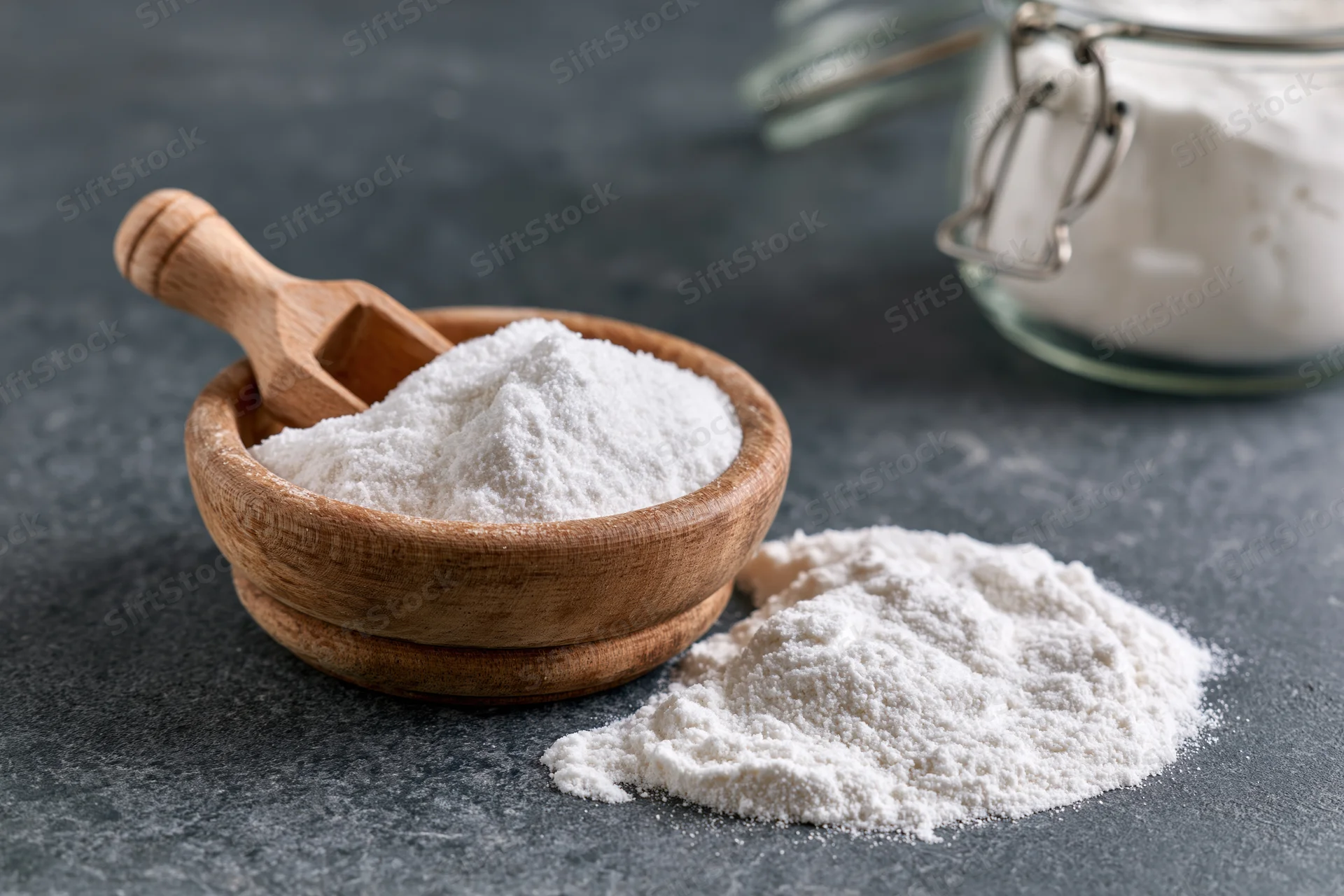 White flour in a wooden bowl with a spoon beside a glass jar on a gray countertop