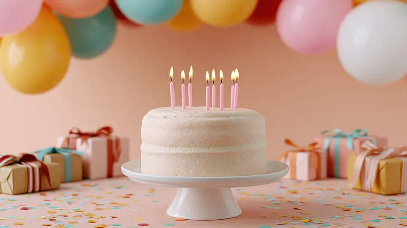 Birthday cake with lit candles on a stand surrounded by gifts and balloons
