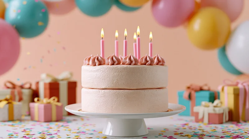 Two-tier pink birthday cake with lit candles on a stand surrounded by colorful balloons and gifts on a confetti-covered table