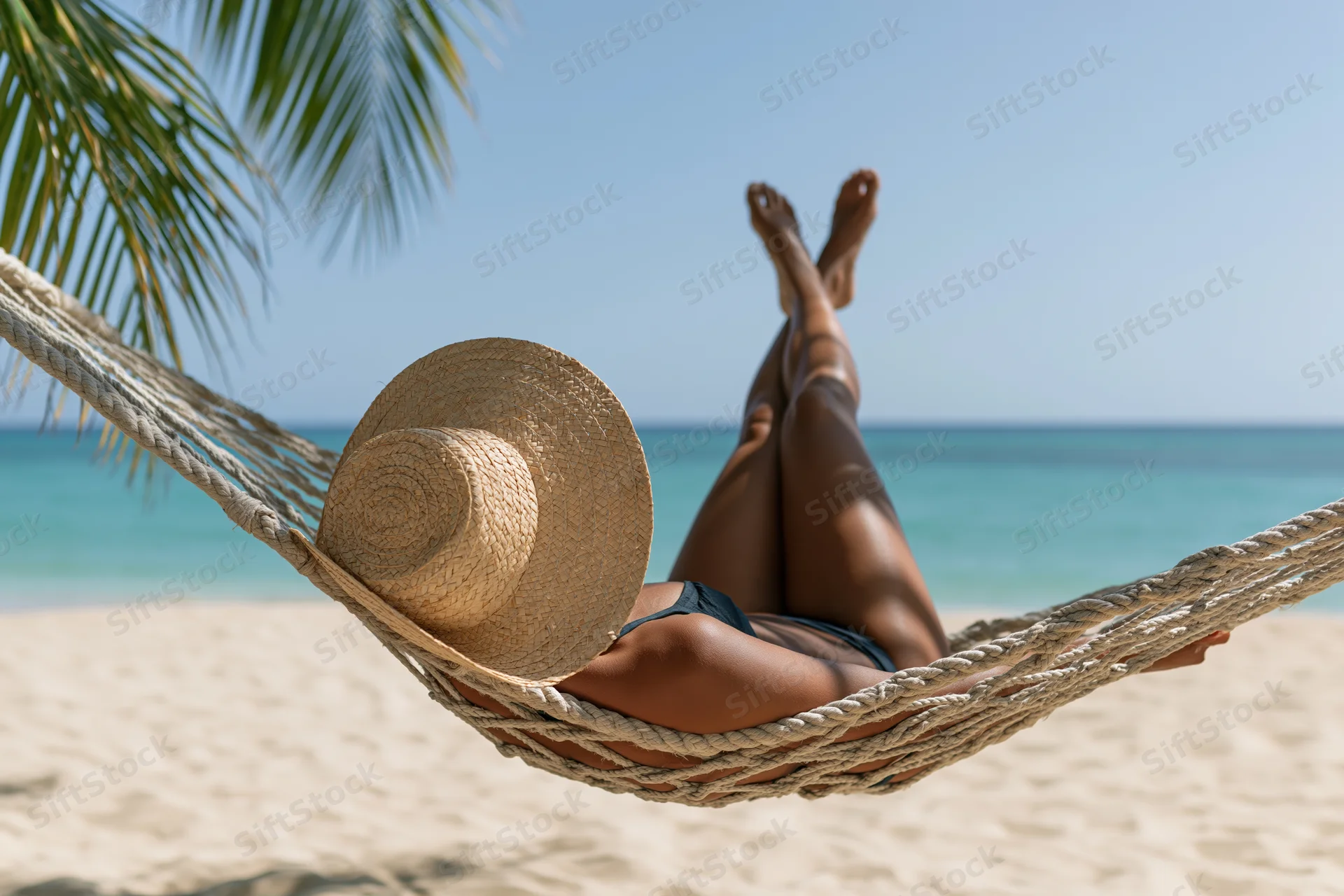 Woman reclining in a hammock on a sandy beach with ocean view