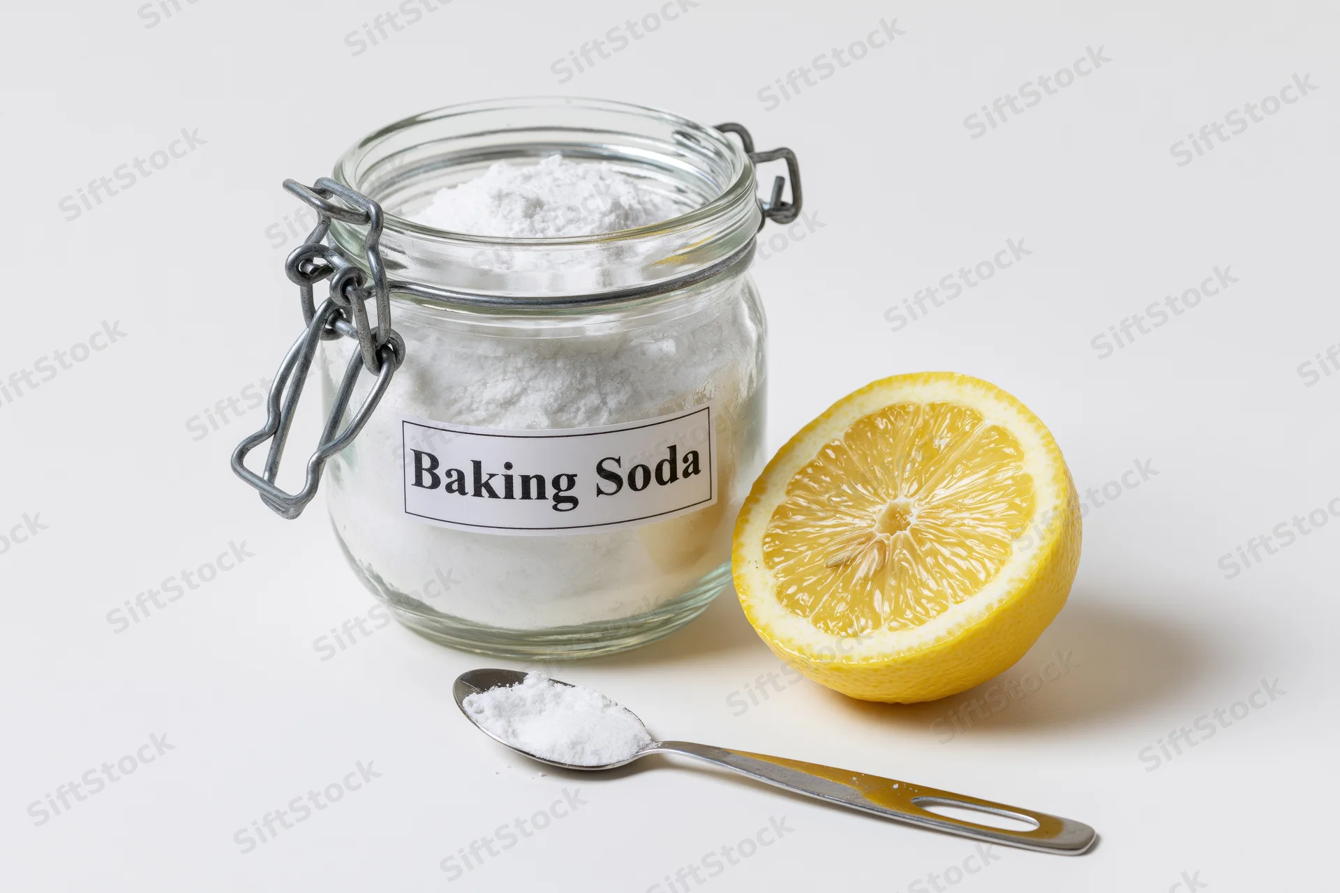 Baking soda in a glass jar with a lemon half and spoon on white background