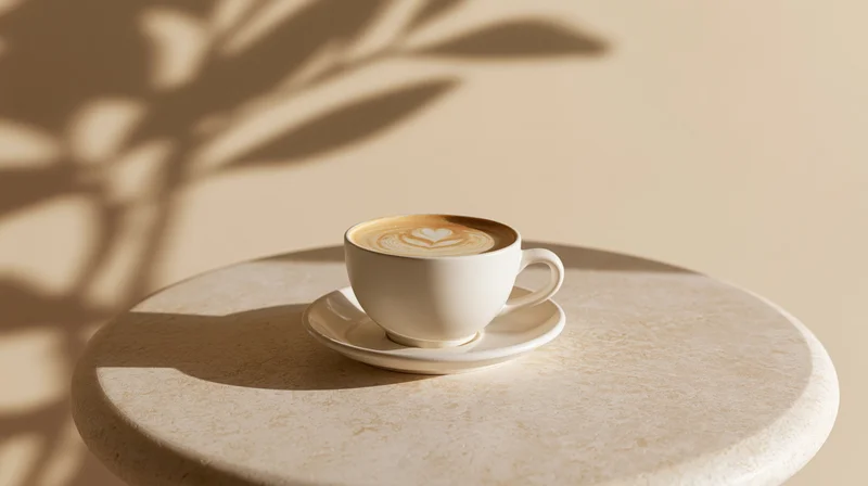 White ceramic coffee cup with latte art heart on stone table under plant shadow