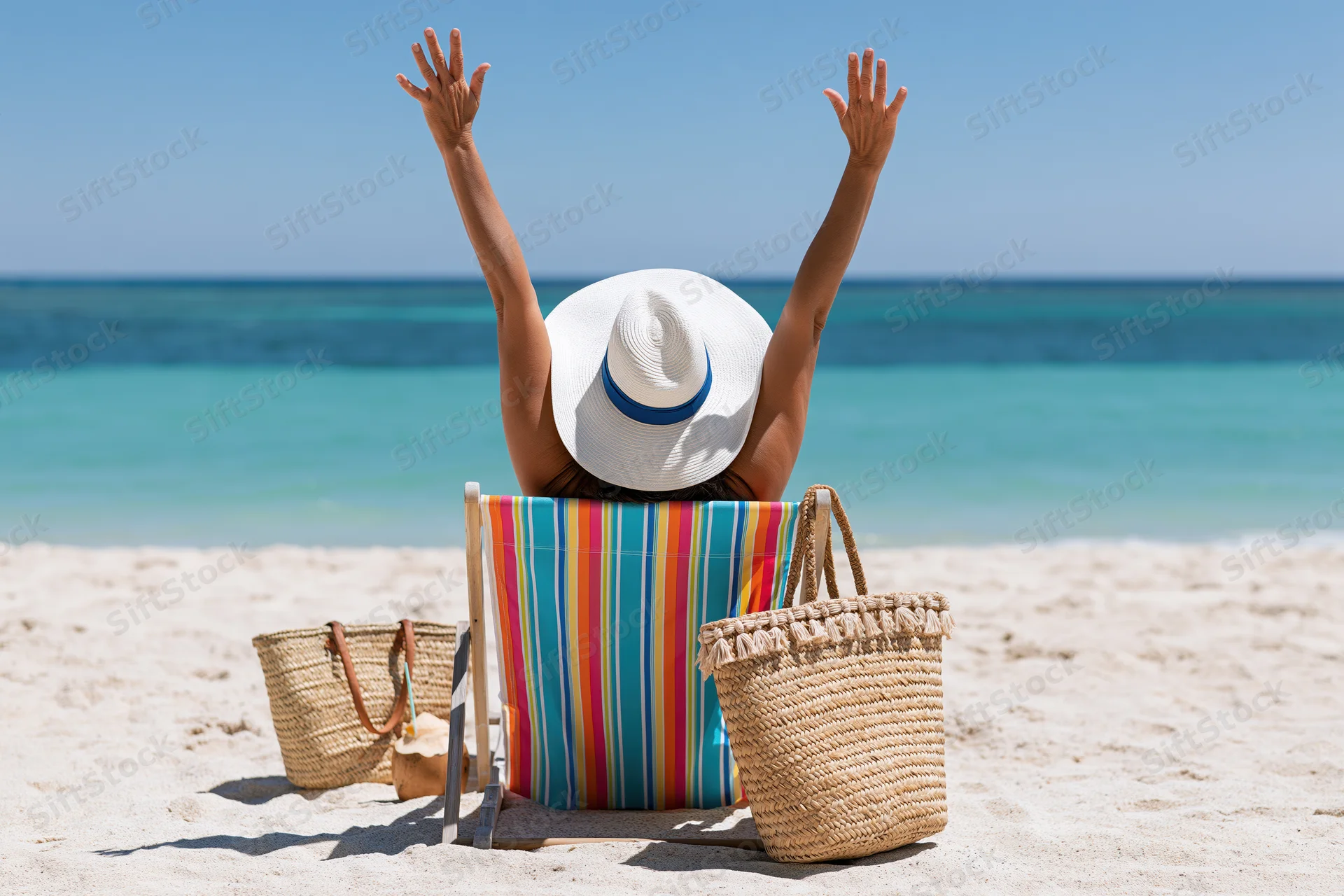 Woman sitting on striped beach chair with arms raised on sandy beach facing ocean
