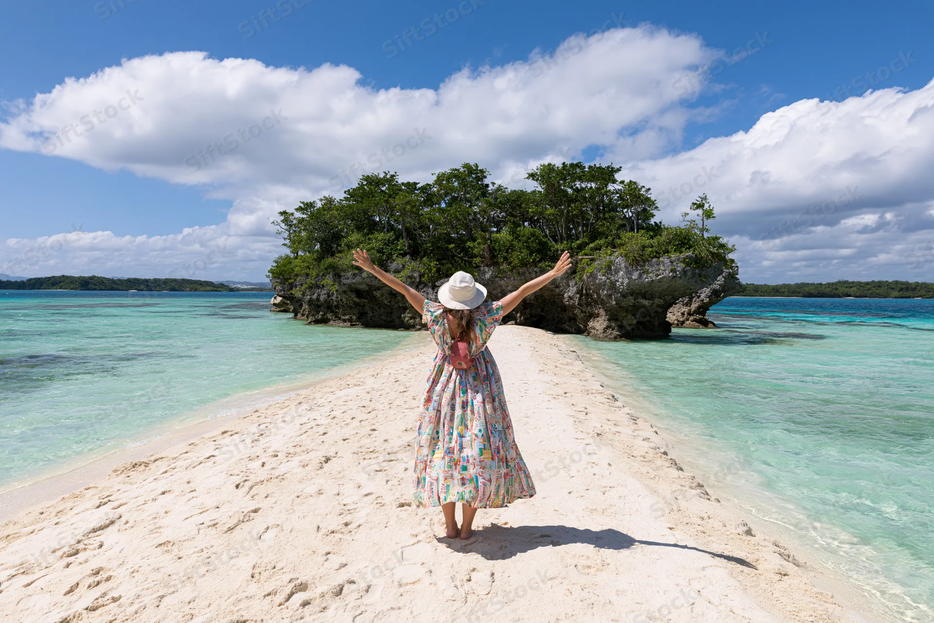 Woman standing on sandy beach with arms raised facing turquoise ocean and tropical island