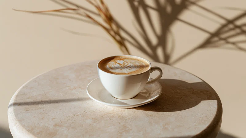 White ceramic coffee cup with latte art on a round marble table under natural sunlight with plant shadows