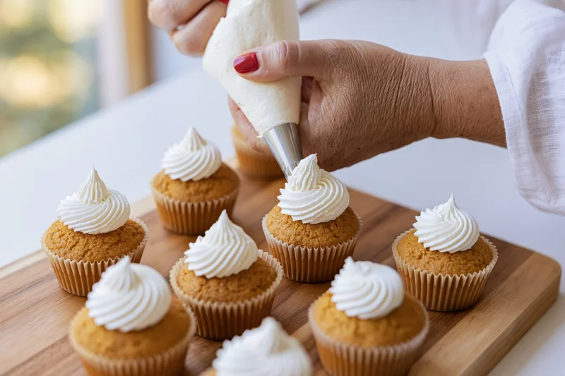 Woman piping white frosting onto cupcakes arranged on a wooden board in a bright kitchen