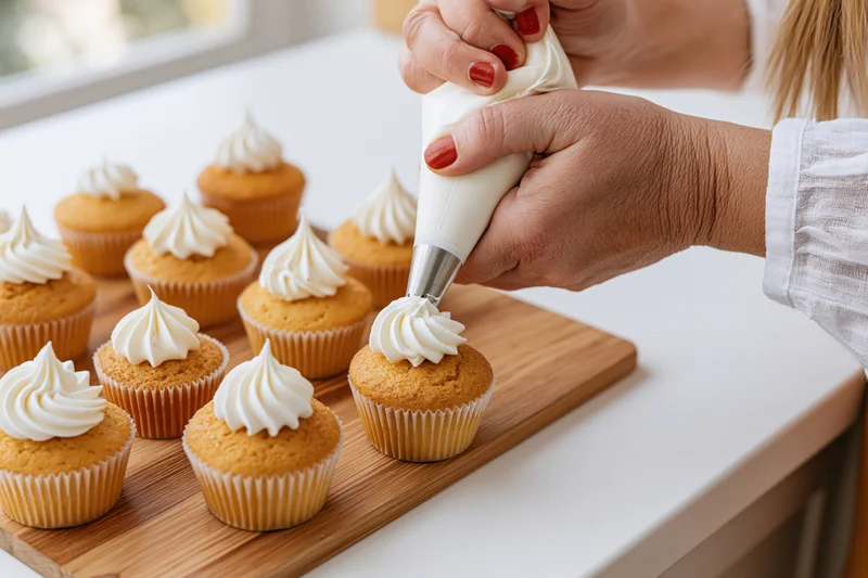 Woman decorating cupcakes with white frosting on wooden tray in kitchen
