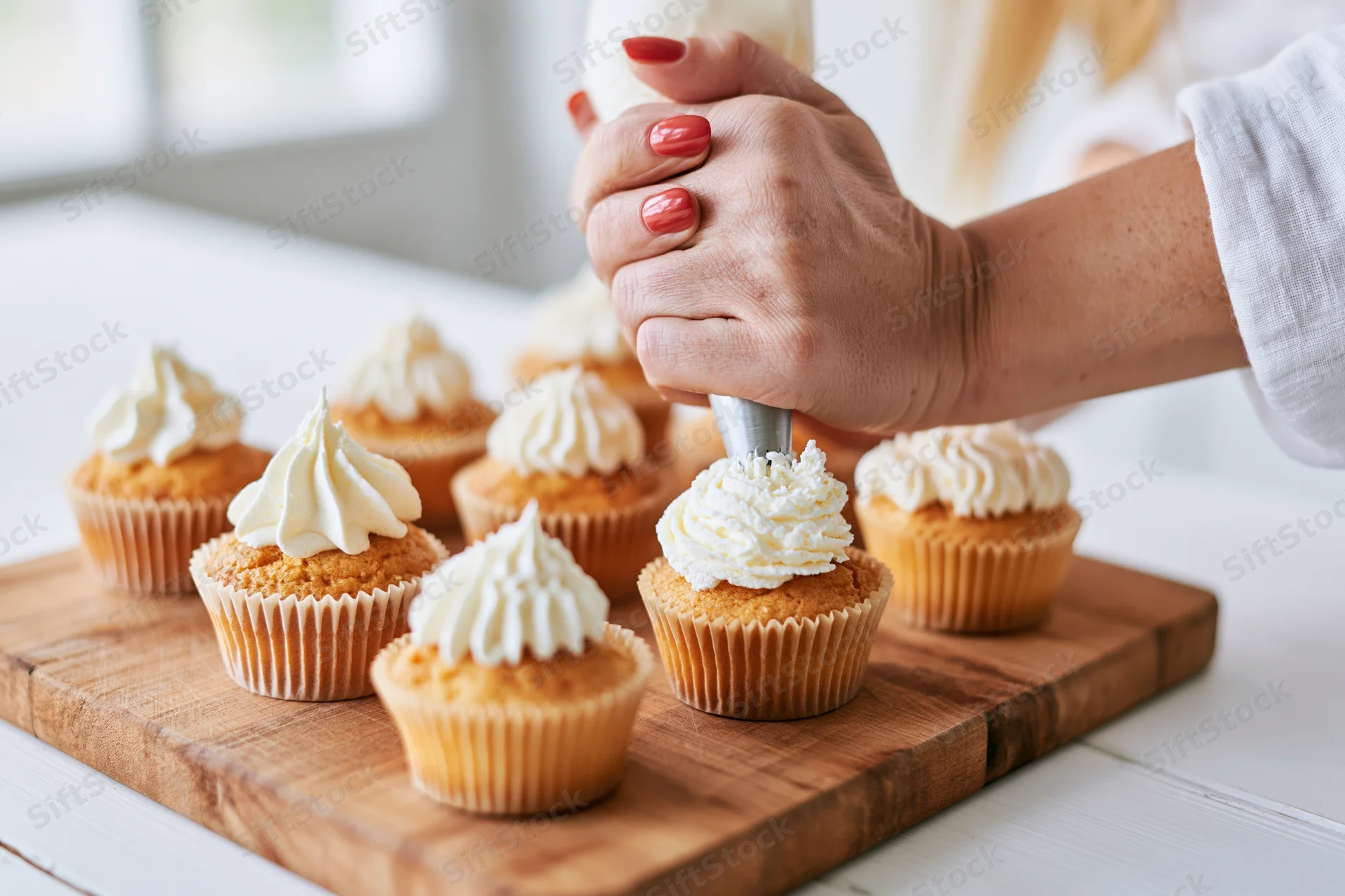 Woman piping frosting onto cupcakes arranged on a wooden board in a kitchen