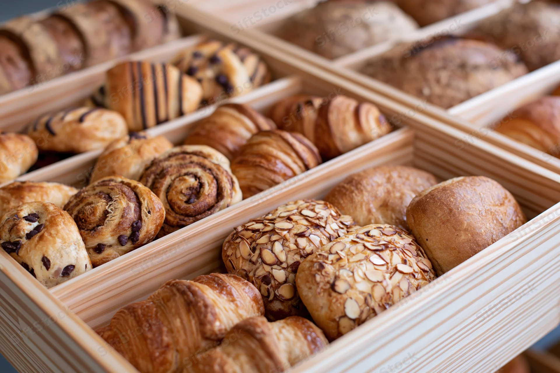 Assorted pastries arranged in wooden trays on a bakery display shelf