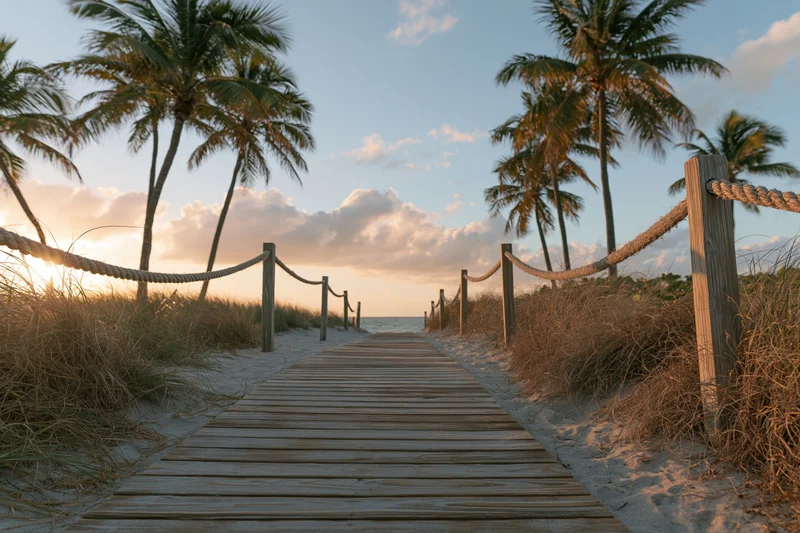 Wooden boardwalk leading through sandy dunes to ocean at sunset