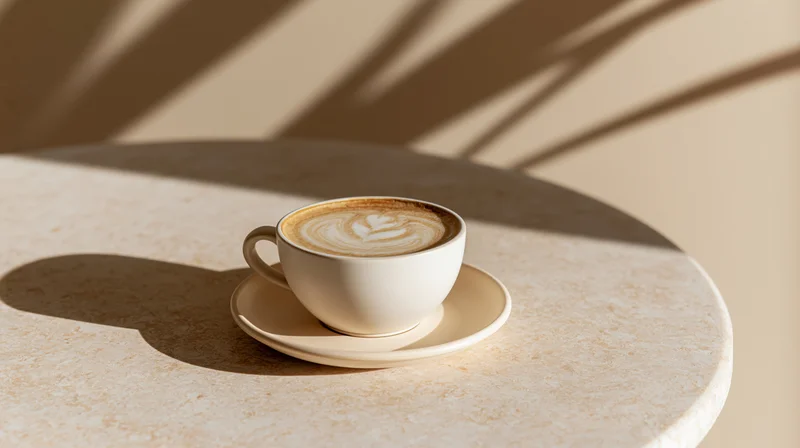 Latte in a ceramic cup with latte art on a round stone table under natural sunlight with plant shadows