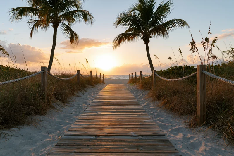 Wooden boardwalk leading to ocean at sunset between palm trees on sandy dunes