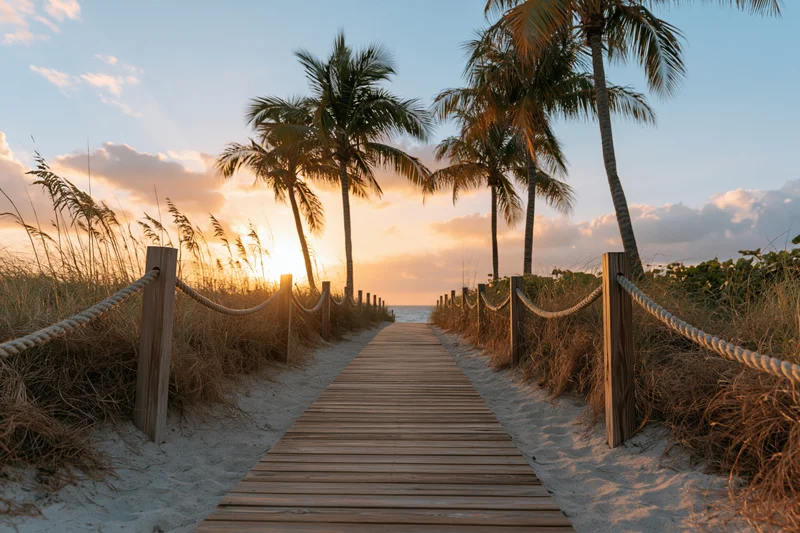 Wooden pathway leading to ocean at sunset through palm trees and sand dunes