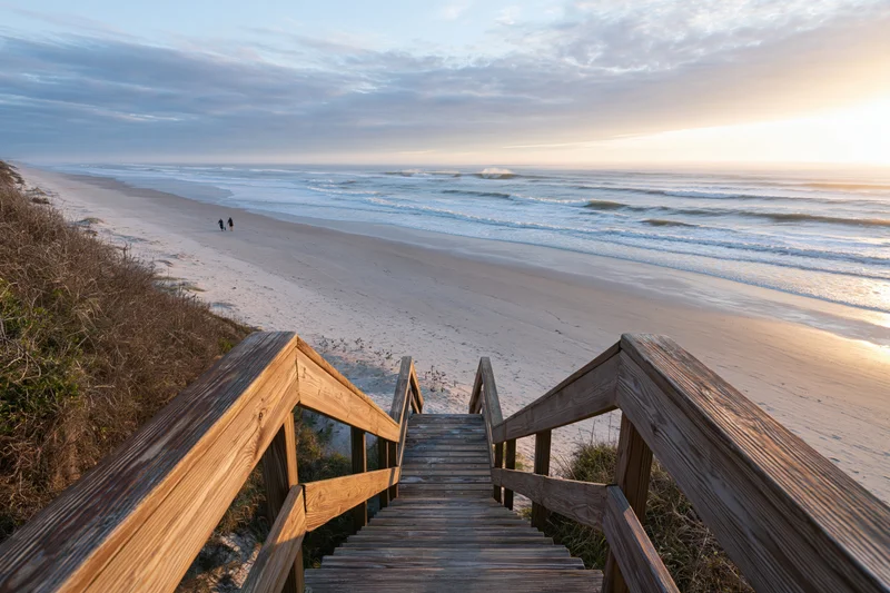 Wooden staircase leading down to sandy beach at sunset with ocean waves and dunes in view