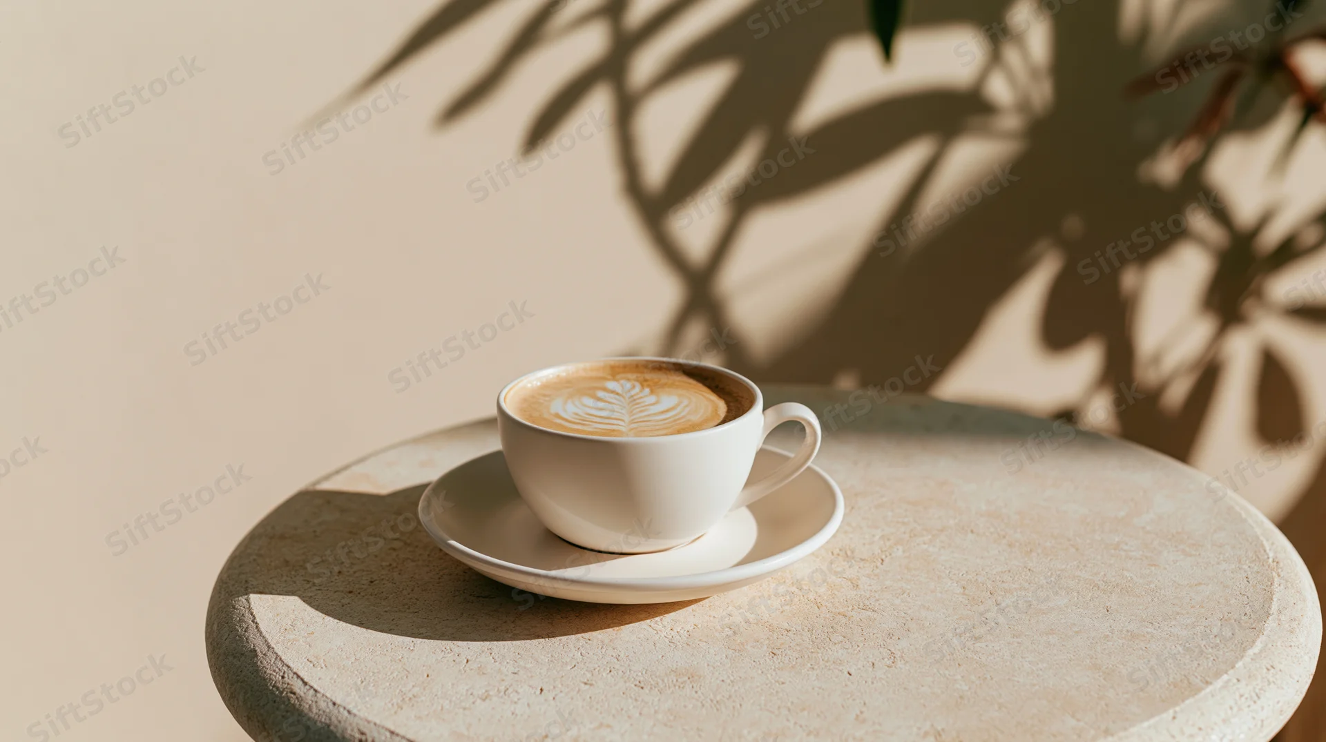 White ceramic coffee cup with latte art on a stone table under plant shadows in morning light