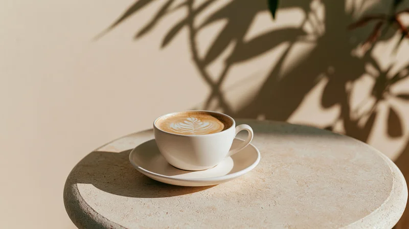 White ceramic coffee cup with latte art on a stone table under plant shadows in morning light