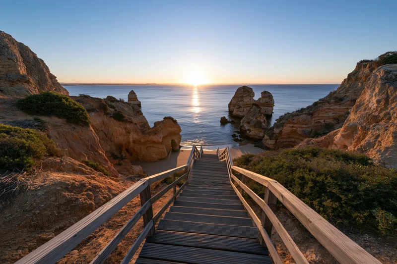 Wooden staircase descending to a beach at sunset between rocky cliffs overlooking the ocean