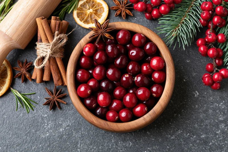 Fresh cranberries in a wooden bowl surrounded by cinnamon sticks, star anise, orange slices, rosemary, and evergreen sprigs on a dark countertop