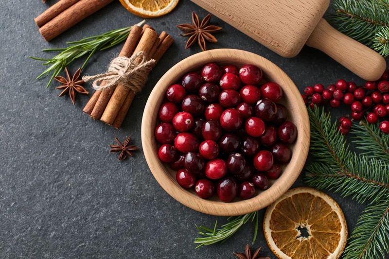 Cranberries in a wooden bowl surrounded by cinnamon sticks, star anise, rosemary, dried orange slices and evergreen sprigs on a dark surface