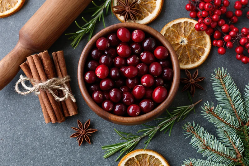 Fresh cranberries in a wooden bowl surrounded by cinnamon sticks, dried oranges, star anise, rosemary, and pine sprigs on a gray countertop