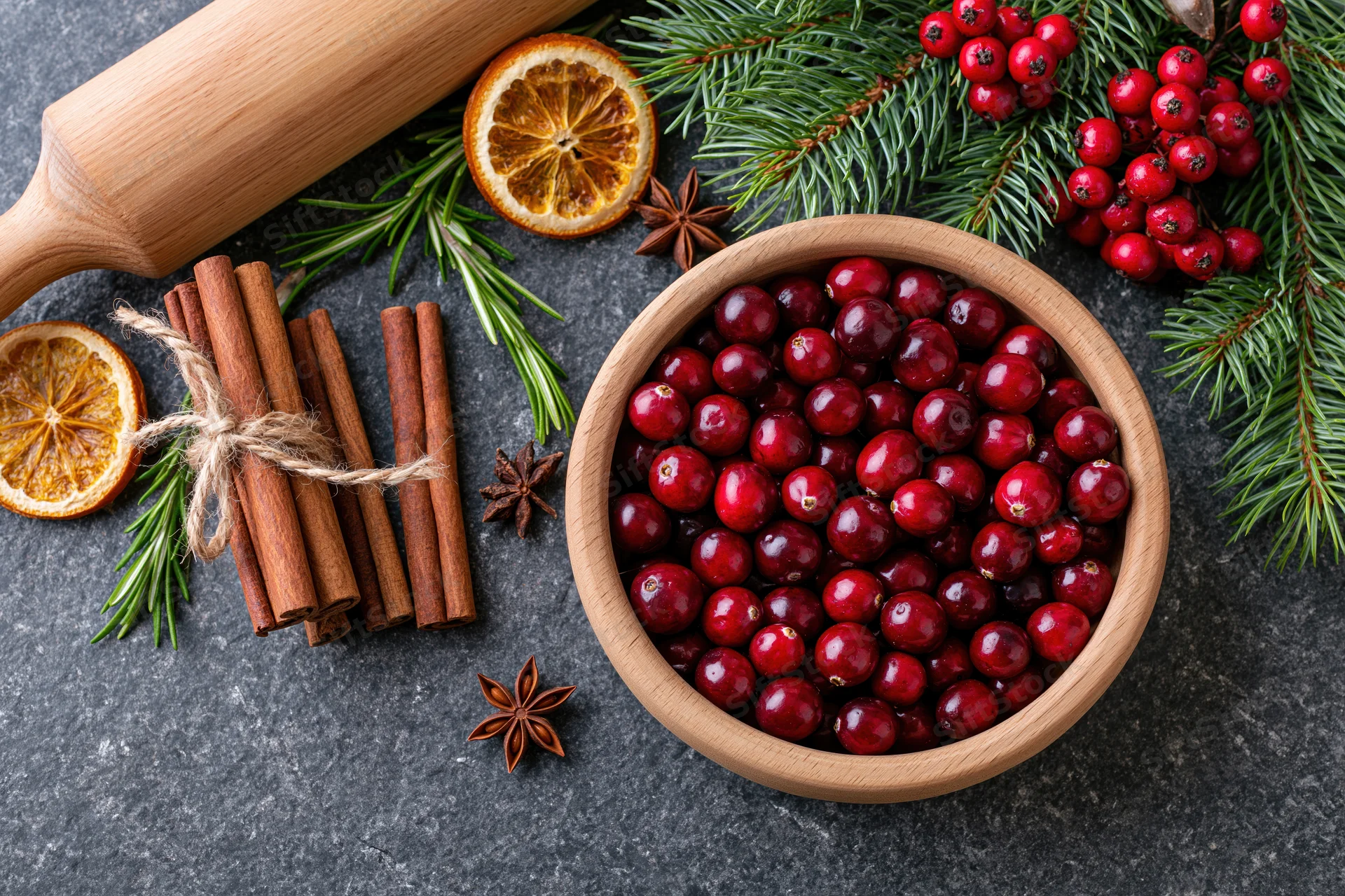 Cranberries in a wooden bowl surrounded by cinnamon sticks, dried oranges, rosemary, star anise, and evergreen branches on a dark countertop