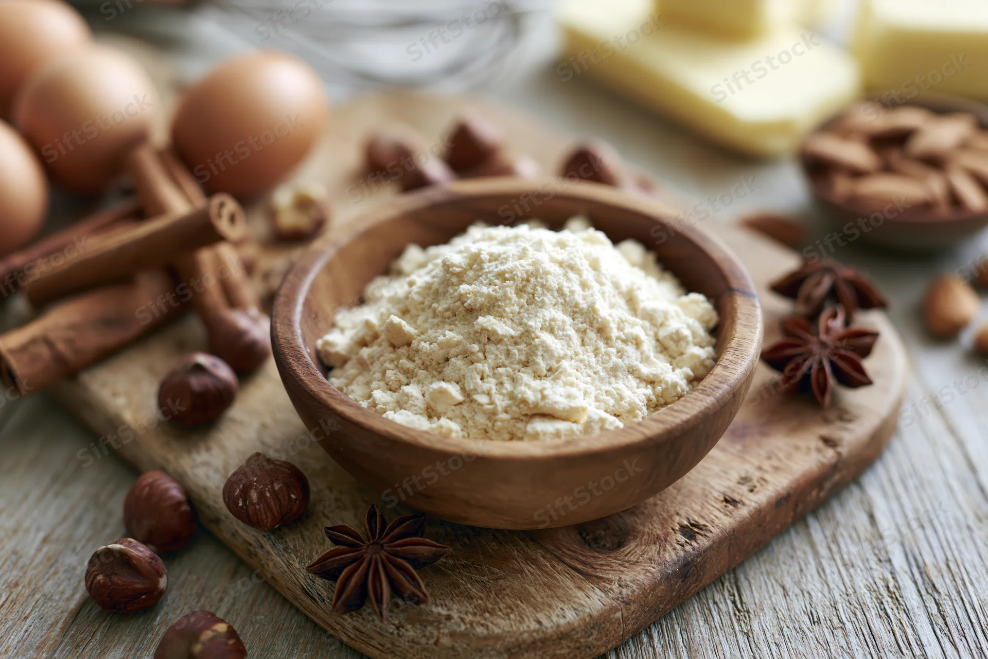 Flour in a wooden bowl surrounded by baking ingredients on a cutting board