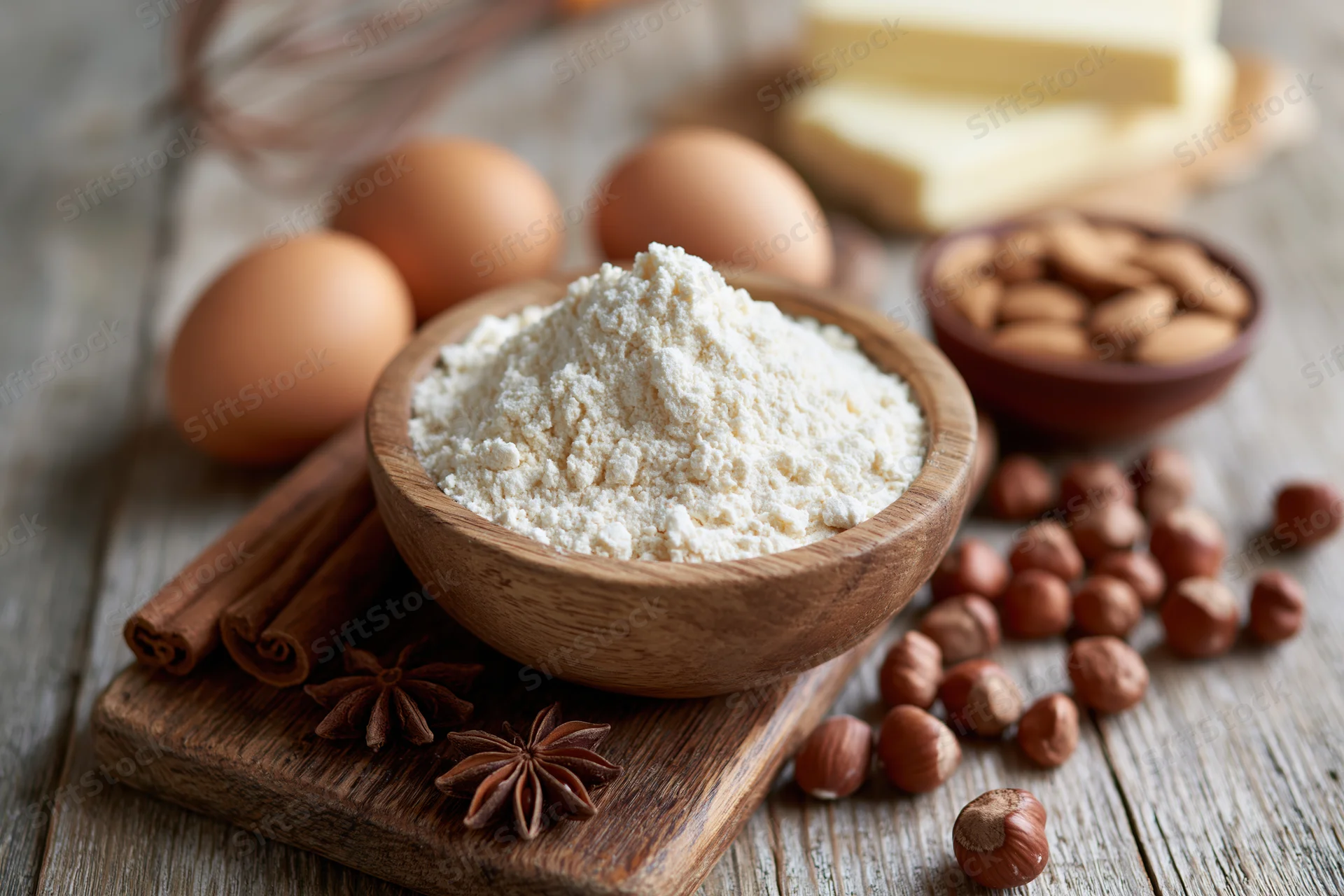 Flour in a wooden bowl surrounded by eggs, butter, nuts and spices on a rustic wooden table