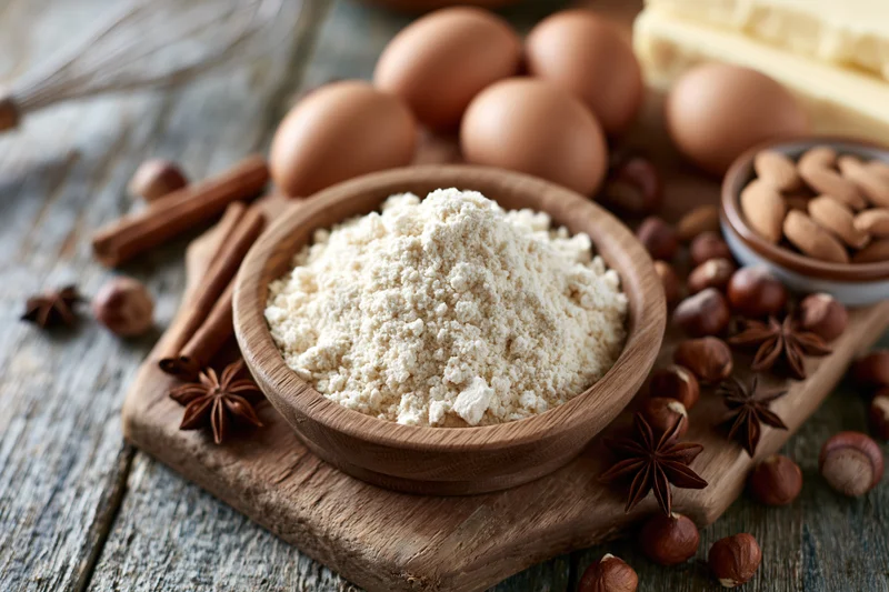Flour in a wooden bowl surrounded by eggs, butter, nuts and spices on a cutting board