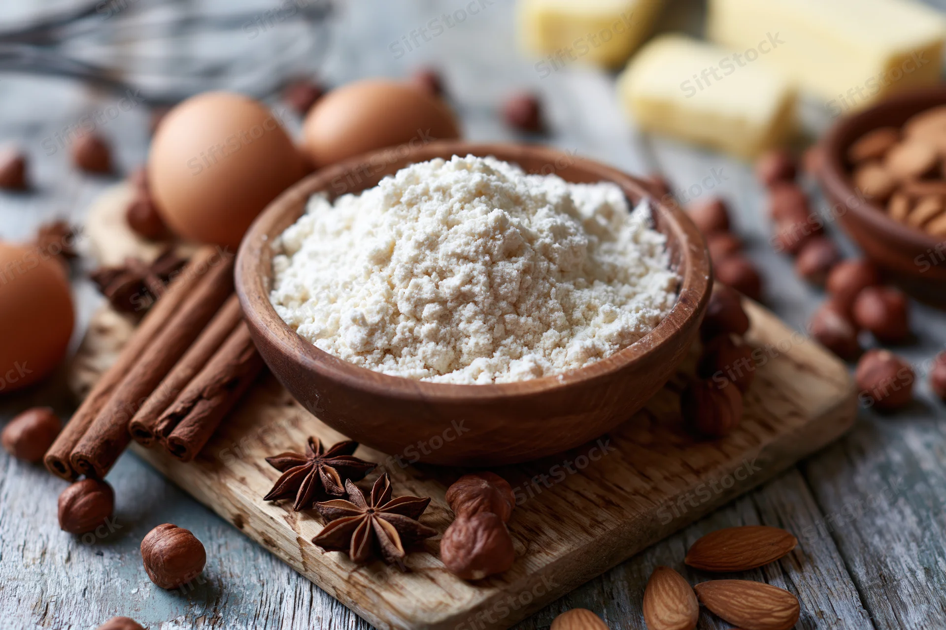 Flour in a wooden bowl surrounded by baking ingredients on a cutting board