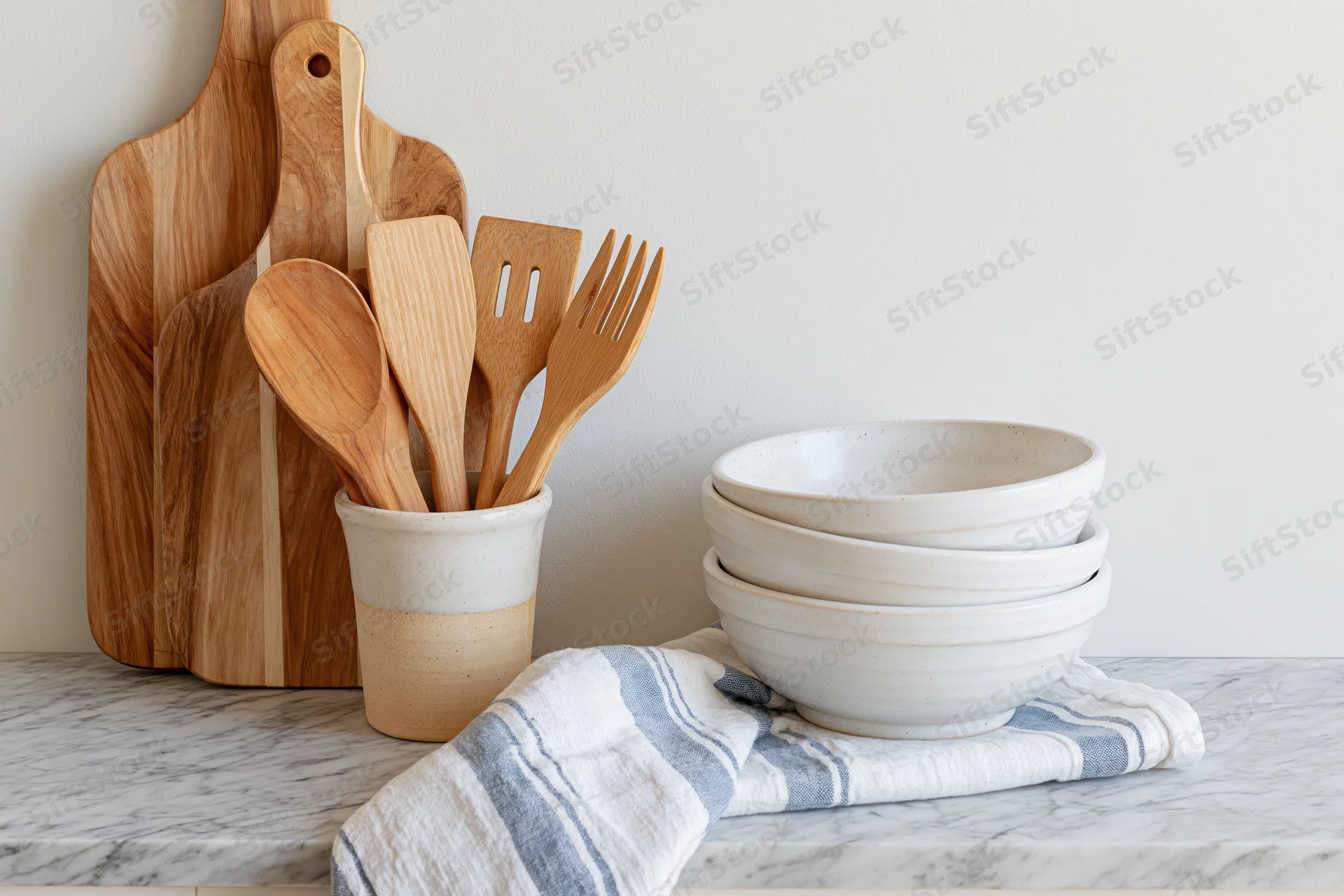Wooden kitchen utensils and ceramic bowls arranged on a marble countertop with a striped towel