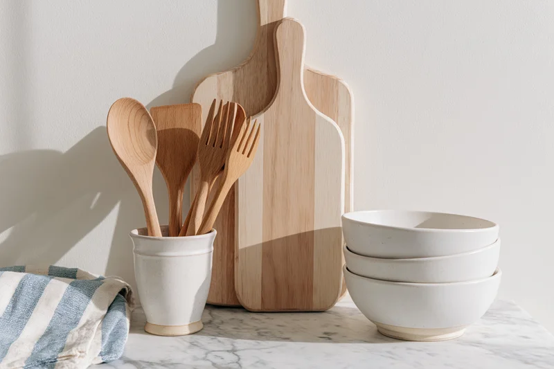 Wooden utensils and ceramic bowls arranged on a marble countertop with a cutting board and striped cloth nearby