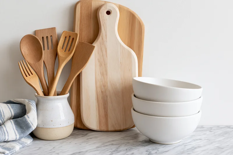 Wooden kitchen utensils and white bowls arranged on a marble countertop with cutting boards and a ceramic jar