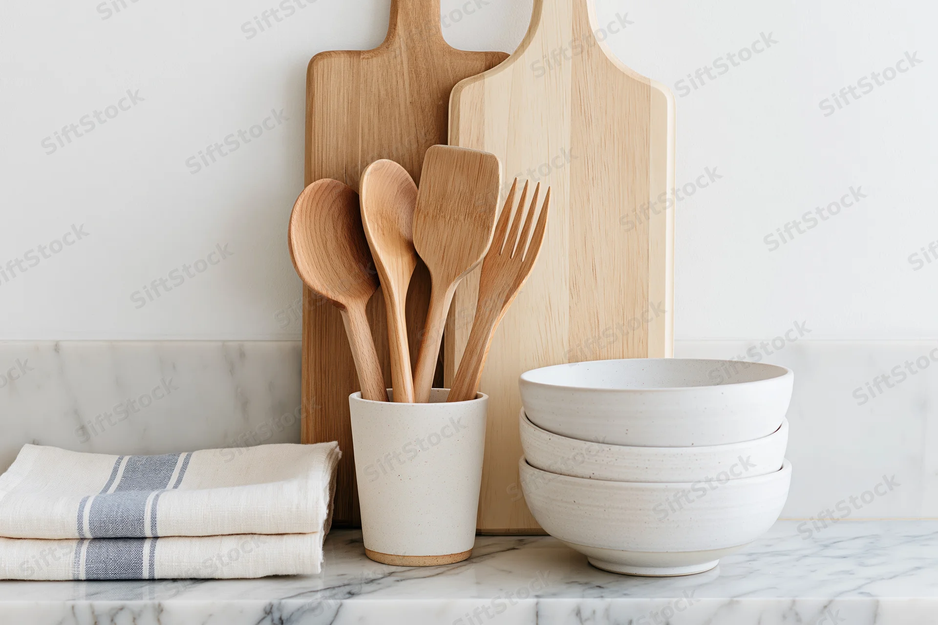 Wooden kitchen utensils and ceramic bowls arranged on a marble countertop with a striped towel and cutting boards behind