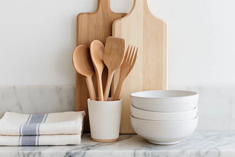 Wooden kitchen utensils and ceramic bowls arranged on a marble countertop with a striped towel and cutting boards behind