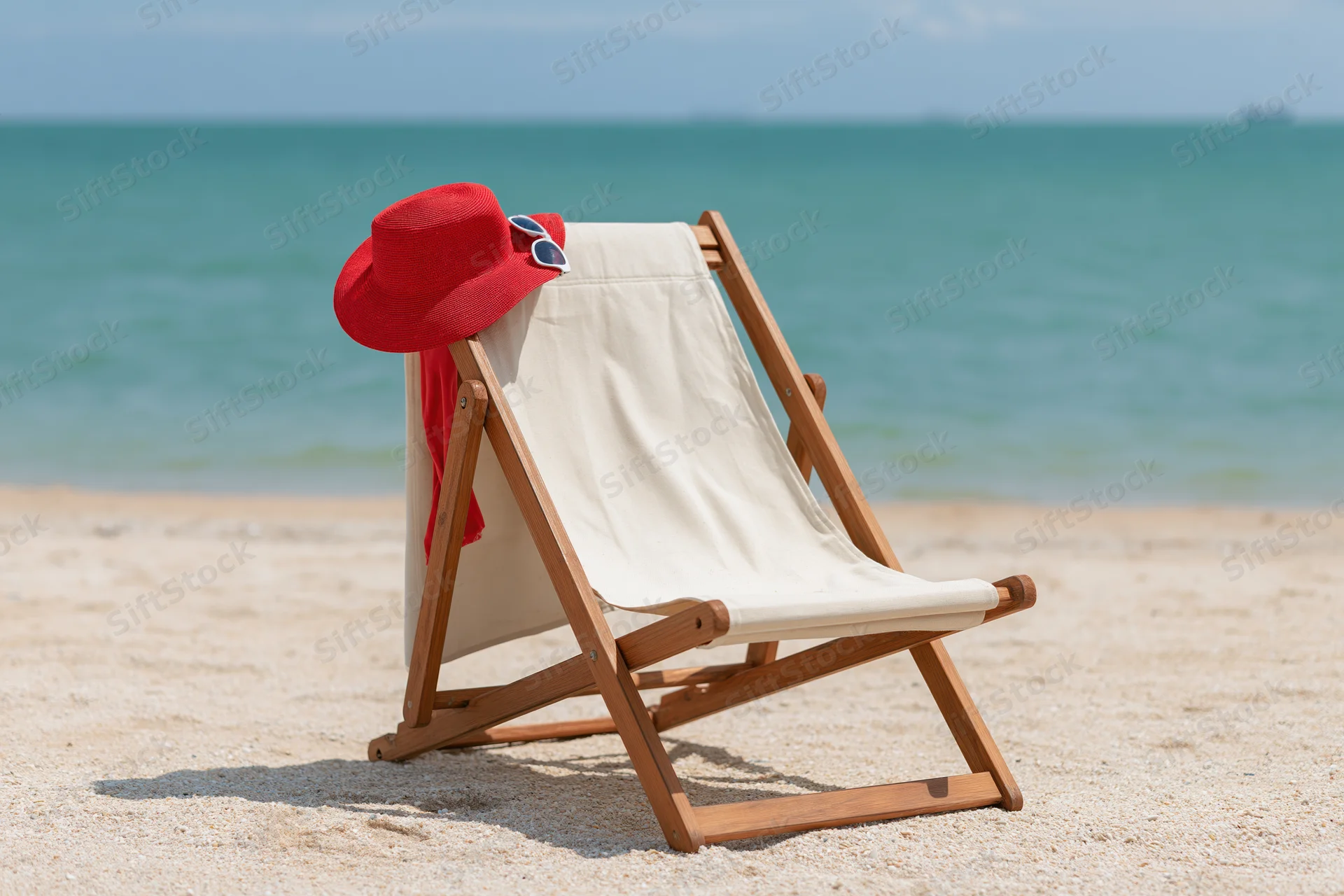 Wooden deckchair with red sunhat and sunglasses on sandy beach by ocean