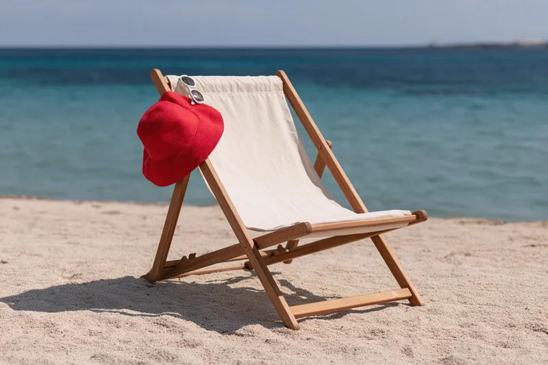 Wooden deckchair with red sunhat and sunglasses on sandy beach near ocean