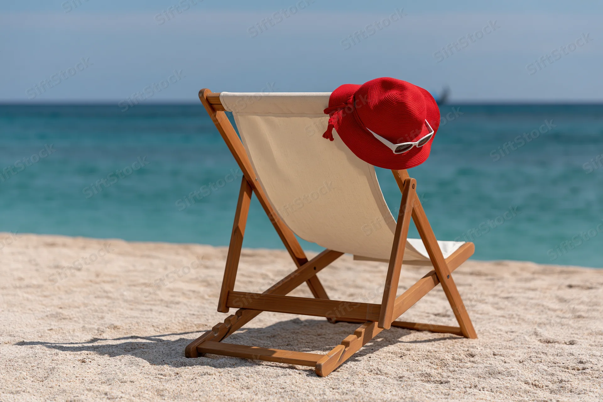 Wooden deckchair with red hat and sunglasses on sandy beach overlooking ocean