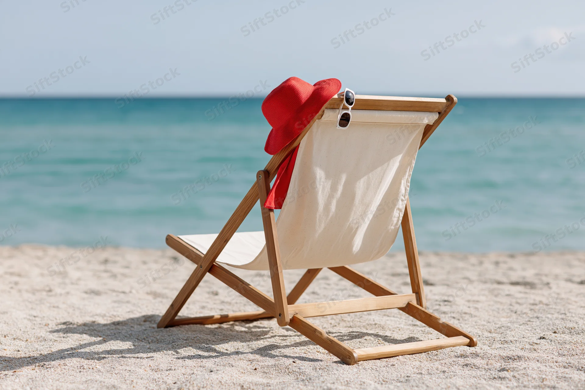 Wooden deckchair with red sunhat and sunglasses on sandy beach overlooking ocean