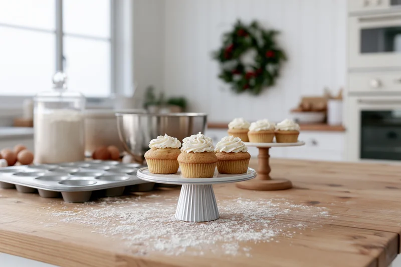 Cupcakes with white frosting on cake stands on a wooden kitchen table surrounded by baking ingredients and holiday decor
