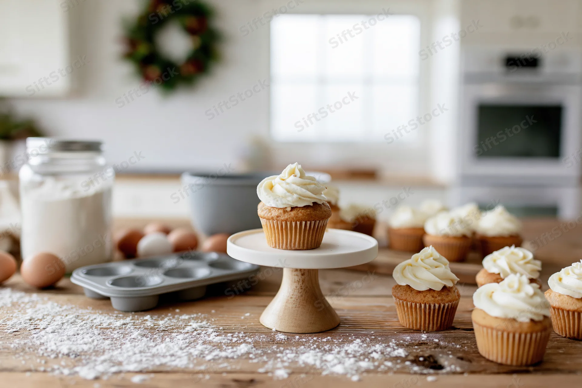 Frosted cupcakes on a wooden kitchen table with baking ingredients and holiday wreath in background